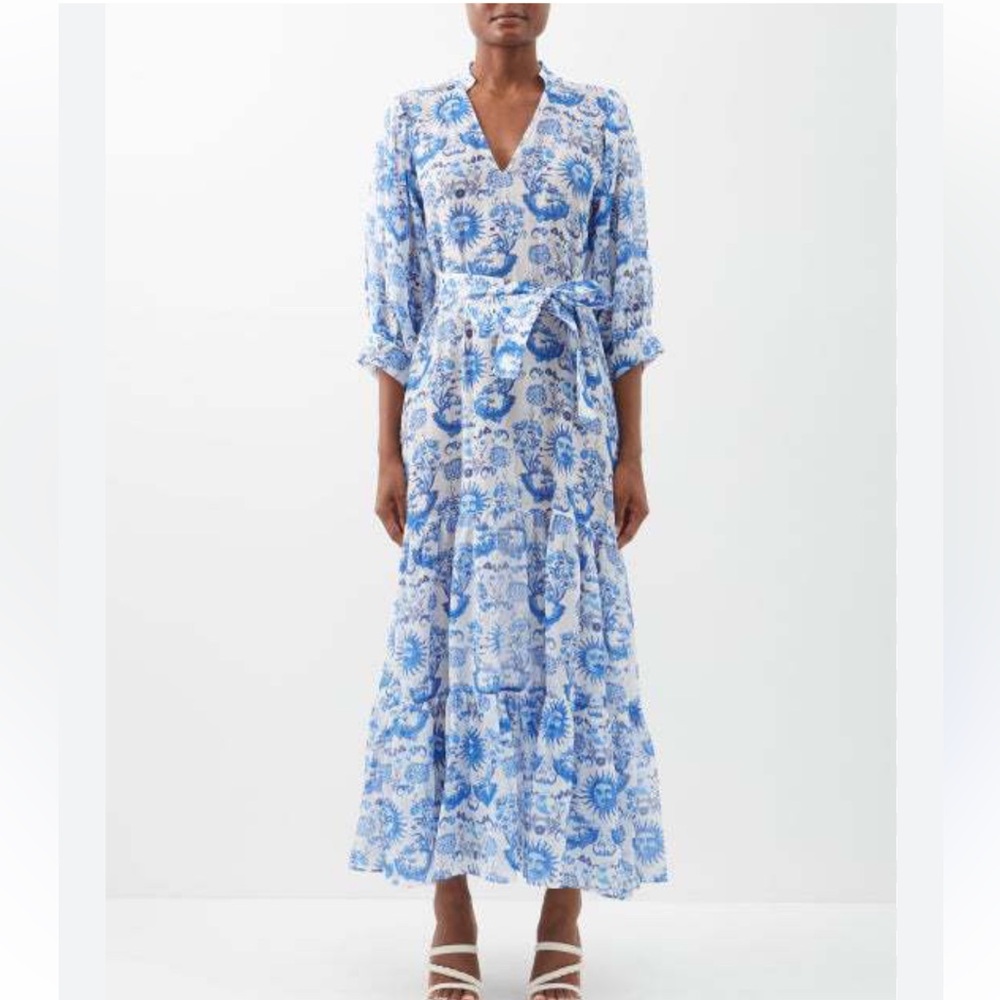 Borgo De Nor Talia Collins Blue/White V-Neck Tie-Waist Coverup Dress